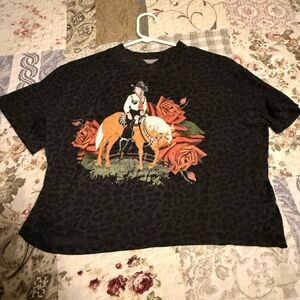 Black T-Shirt with Cowboy and Roses Graphic